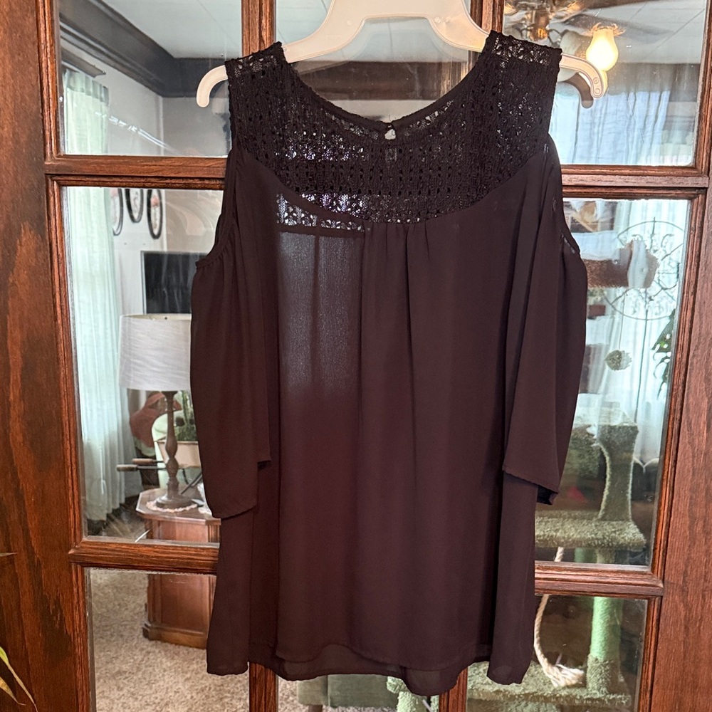Signature Collection Womens Black Cold‎ Shoulder Crochet Lace Yoke Blouse Large
